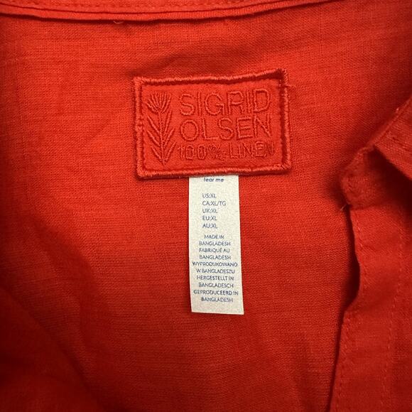 Sigrid Olsen Shirt Womens XL Red 100% Linen Roll Tab Sleeve Button Front Pocket - Picture 4 of 9